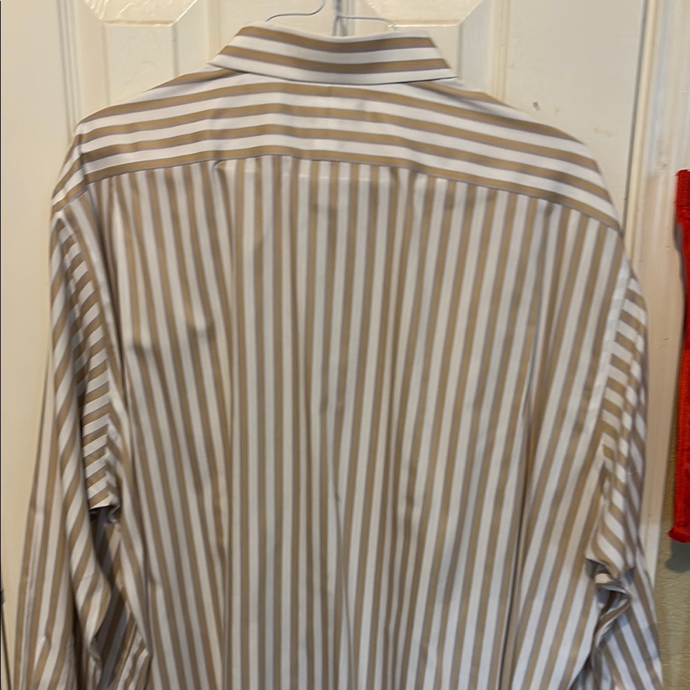 Paul Fredrick Men's Dress Shirt - Tan and White Stripes - Picture 4 of 4